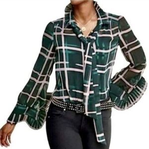 CAbi style 3948 Cake Ruffle Button Down Blouse Womens Size‎ Small Coquette Plaid